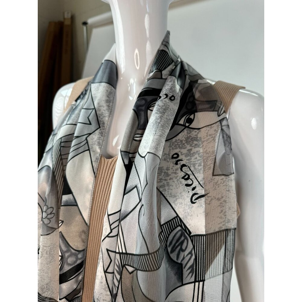 Vintage Picasso Style Abstract Print Scarf, Polyester, Made in Korea